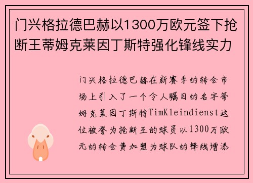 门兴格拉德巴赫以1300万欧元签下抢断王蒂姆克莱因丁斯特强化锋线实力