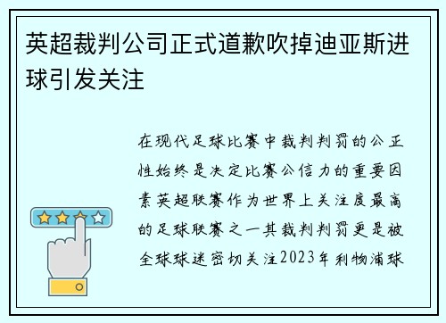 英超裁判公司正式道歉吹掉迪亚斯进球引发关注 英超裁判公司正式道歉吹掉迪亚斯进球引发关注